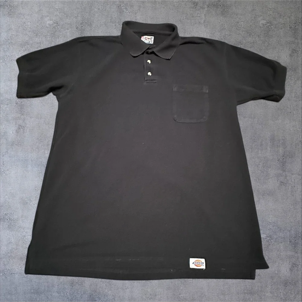 Dickies Mens Large‎ Black Pique Polo Shirt Short Sleeve Workwear Pocket Logo L